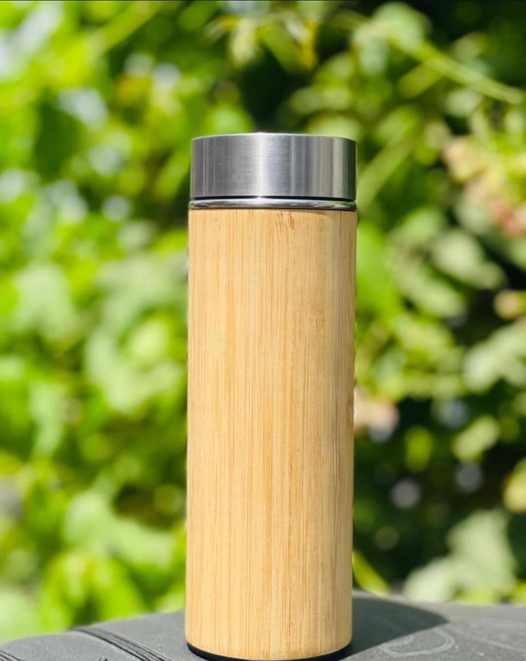 Bamboo Stainless Steel Flask Water Bottle/Thermos with Tea Strainer | Double Wall Vacuum Insulated | Hot & Cold Bottle (450 ML)